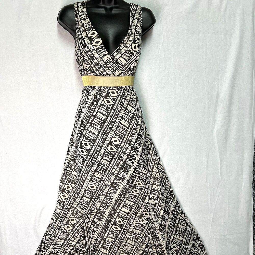 Metrosyle Geometric Maxi Dress Black White Gold Waist Boho Sleeveless M Casual